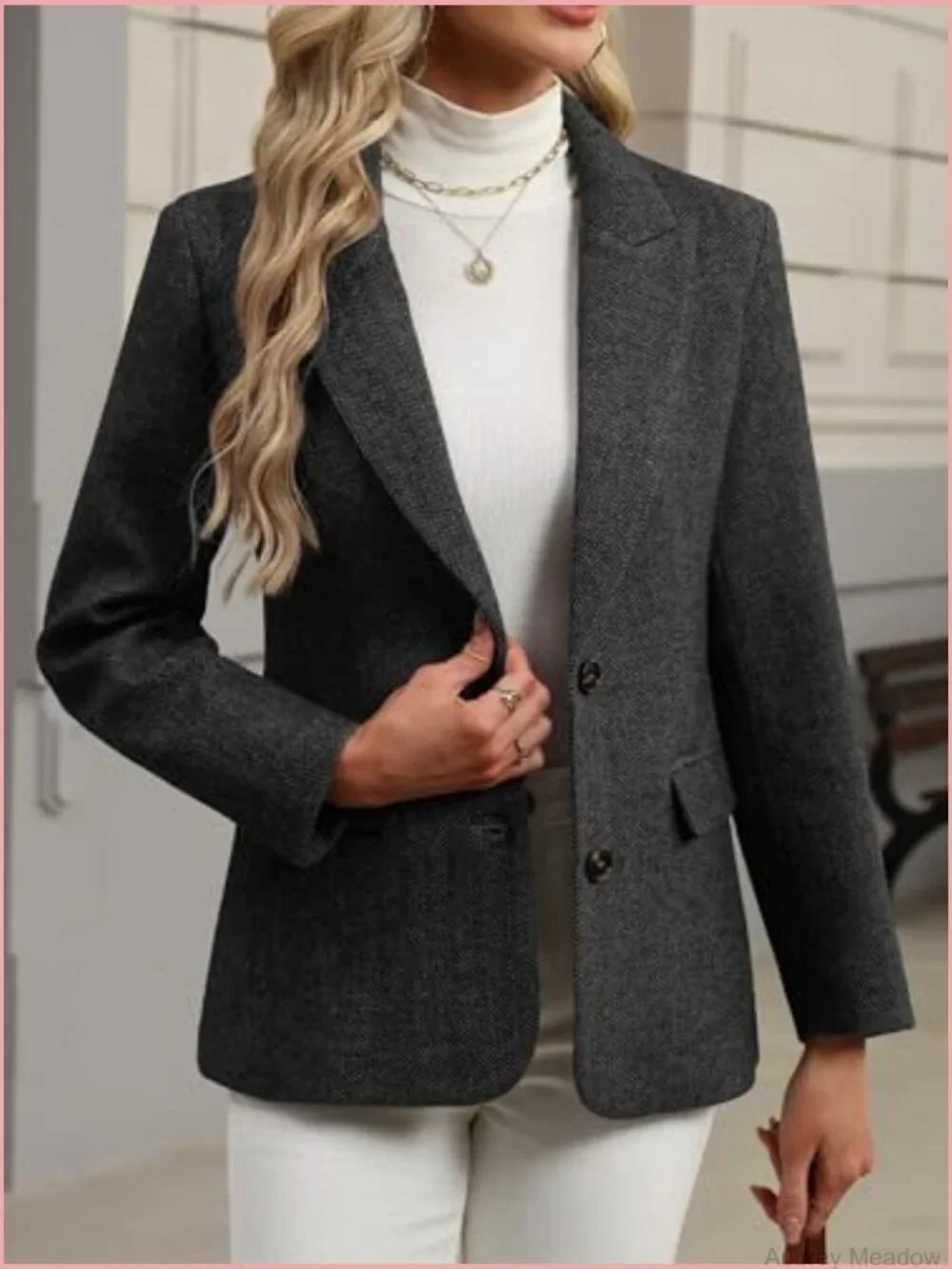 Wool Blend Tweed Blazer Herringbone Oversize Blazer